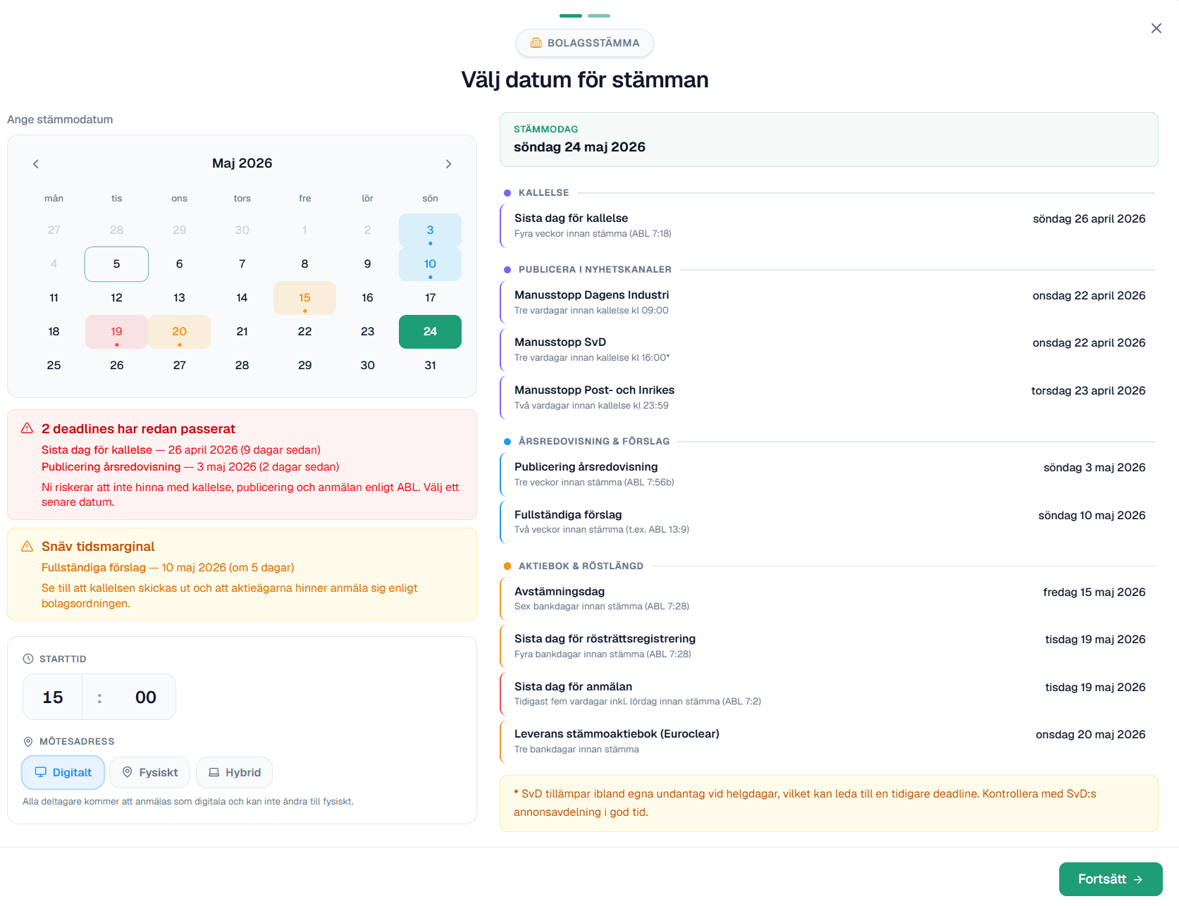StrictBoards stämmokalender som räknar ut hela tidslinjen enligt aktiebolagslagen